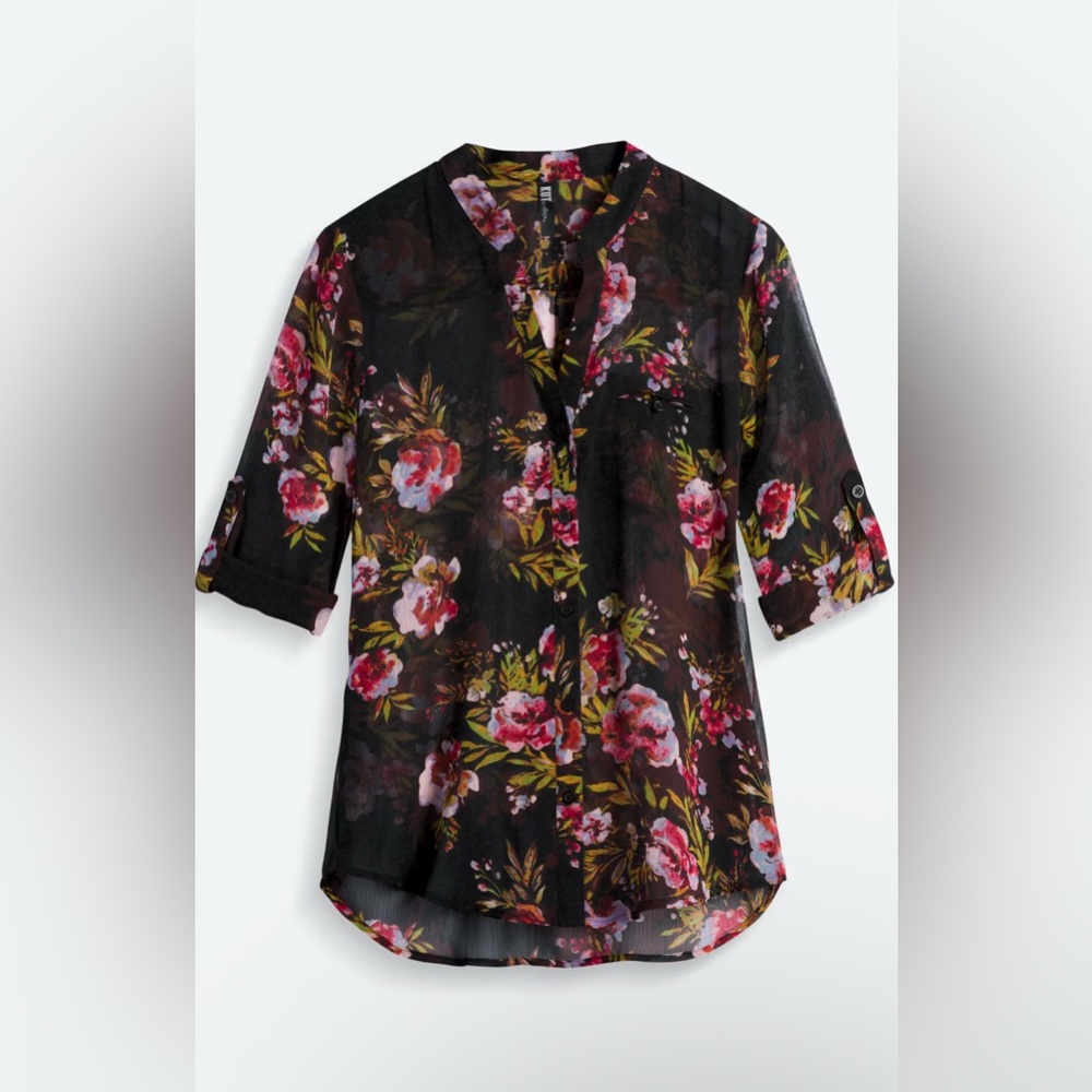 Kut from the Kloth Pink and Purple Graphic Blouse with Mandarin Collar